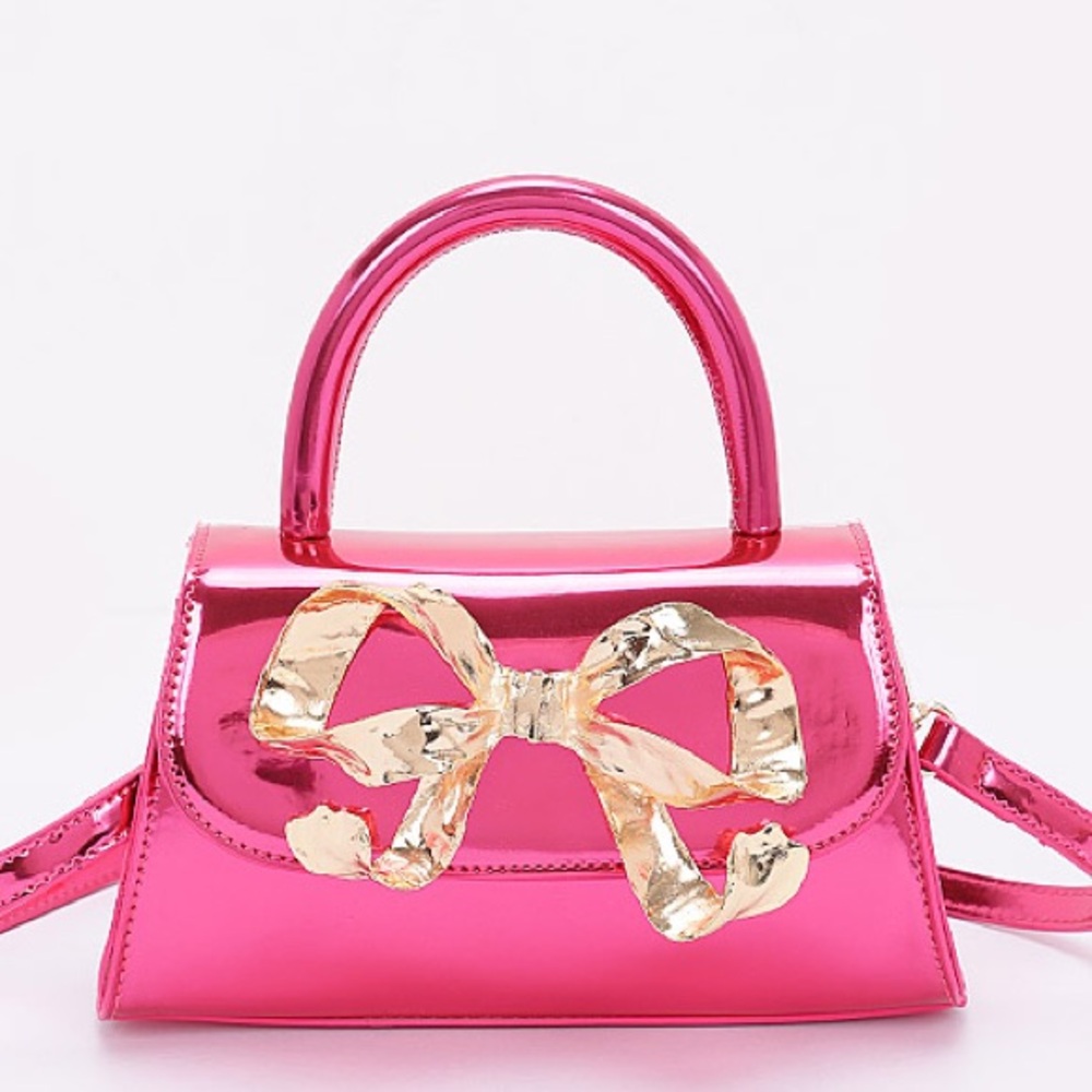 Metallic Bow Top Handle Bag - Fuchsia, Gold, Silver